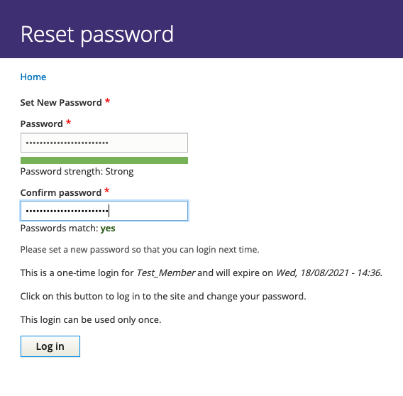 Reset password screen