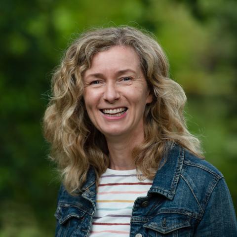 portrait, denim jacket and striped top